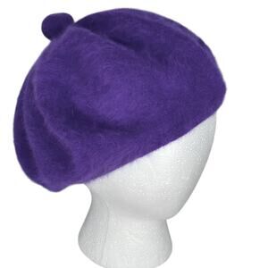 Made In Italy Beret Hat Purple Angora Wool Blend Pom Pom OS Boho Parisian Chic